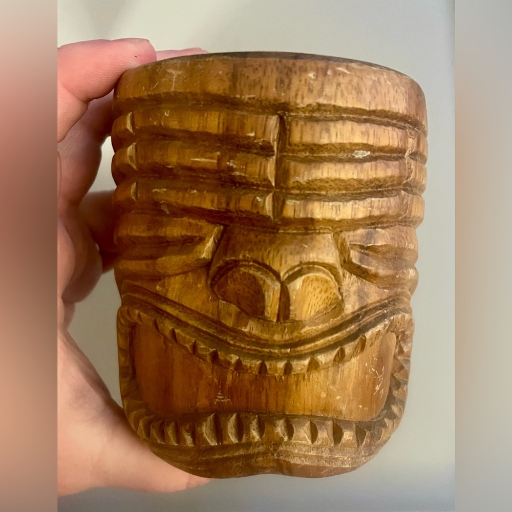 Vintage Carved Wooden Tiki Mug Ku Face Monkey Pod MCM